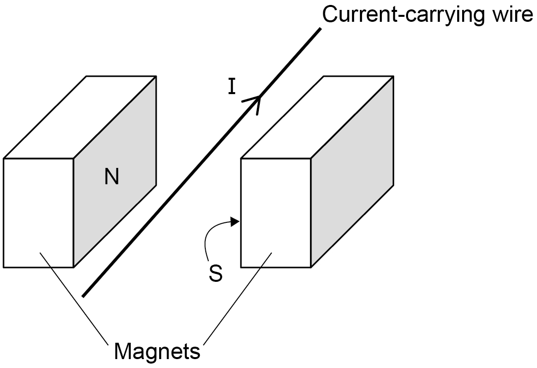 Diagram of a current-carrying wire placed between two magnets labelled N and S, with the current direction shown along the wire.